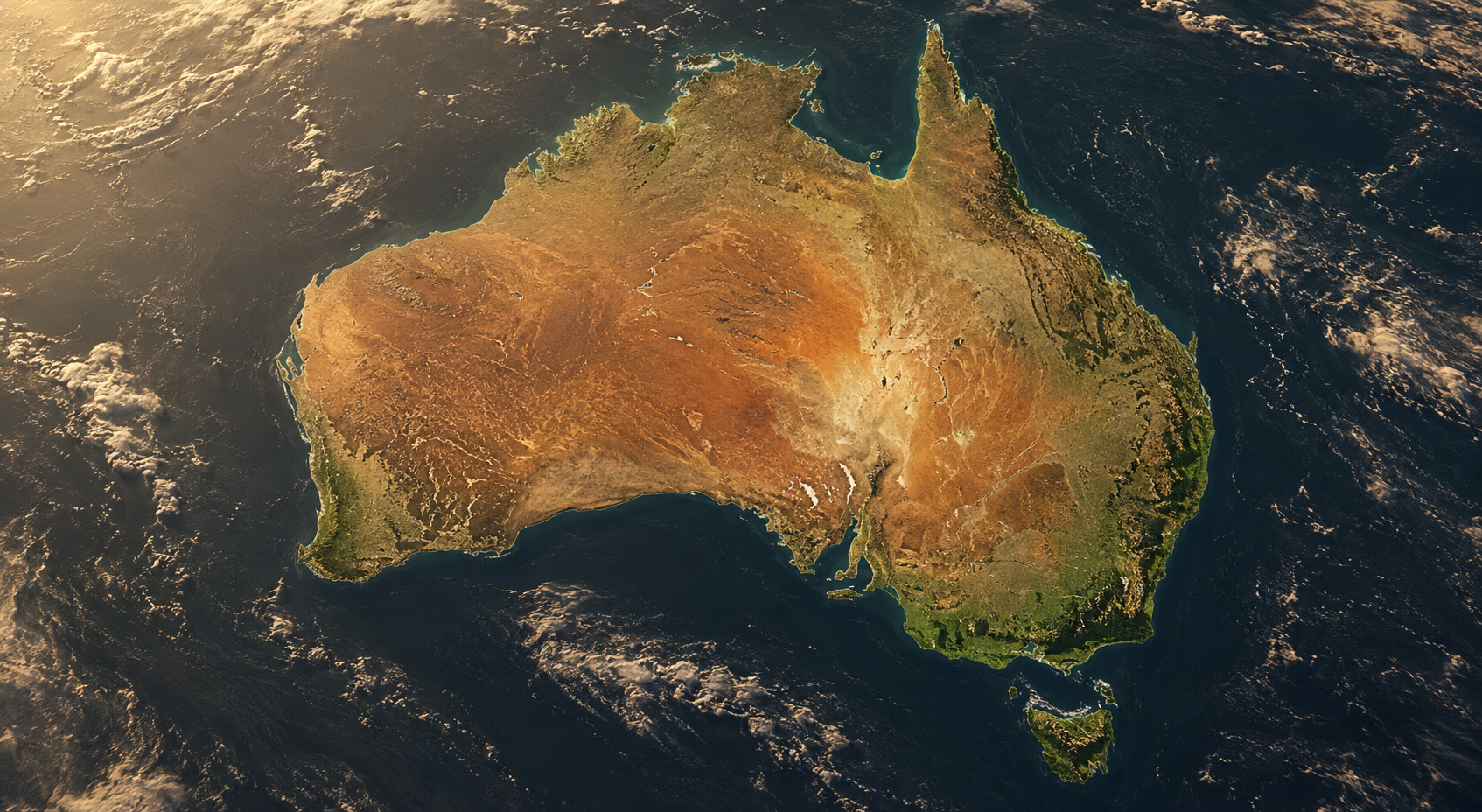 Satellite view of Australia showing the continent at sunset