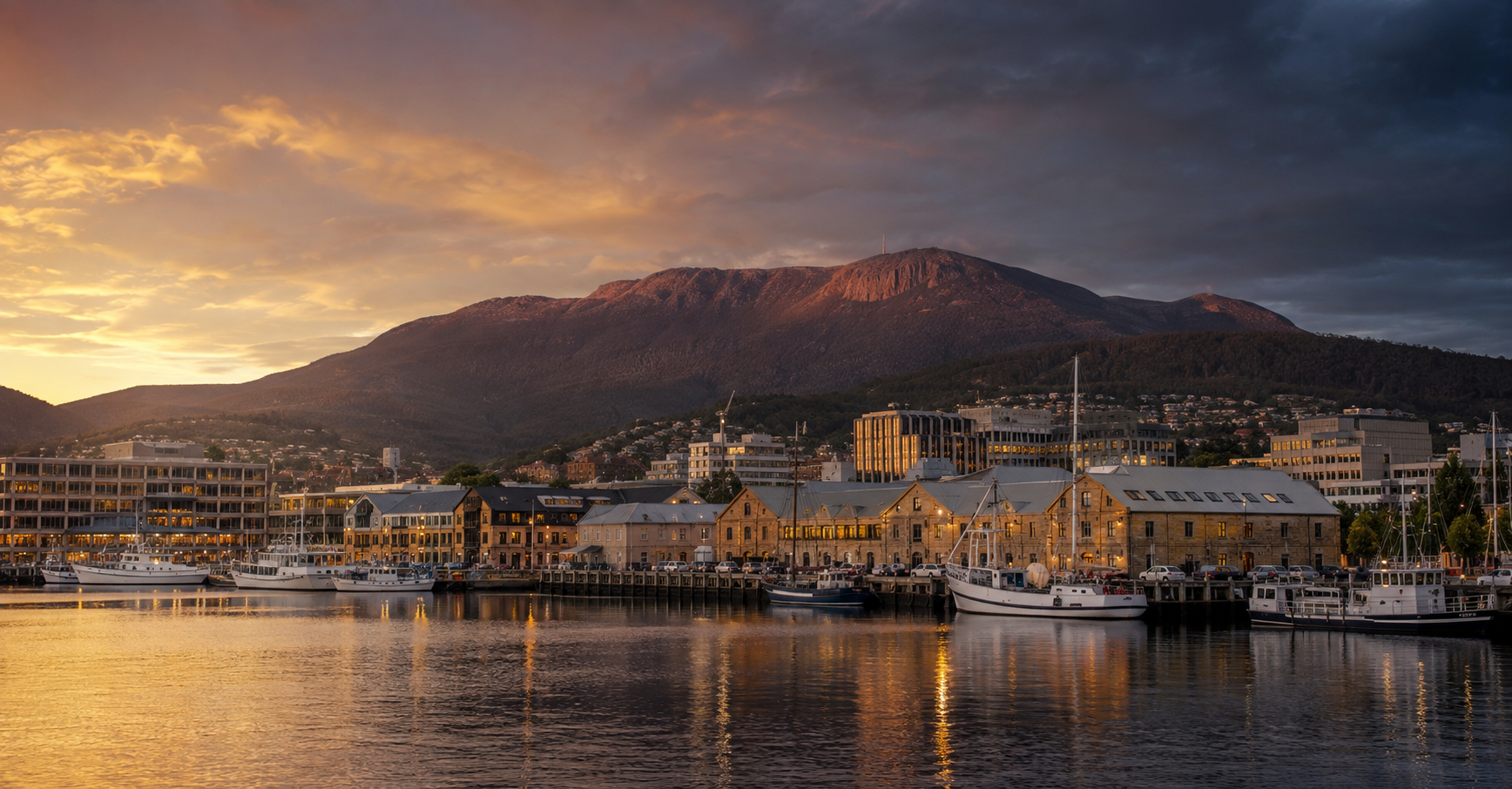 Hobart waterfront at sunset with boats and Mount Wellington behind