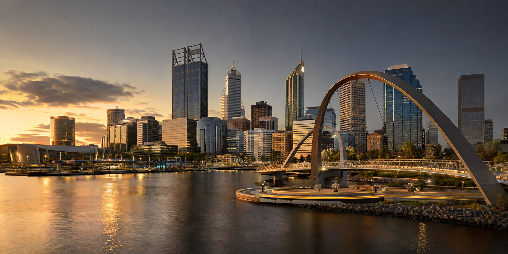Perth skyline at sunset with the Elizabeth Quay Bridge and Swan River