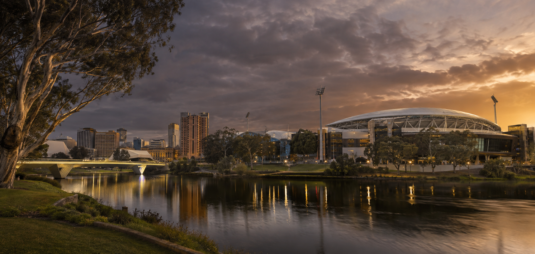 Adelaide skyline at sunset over the River Torrens