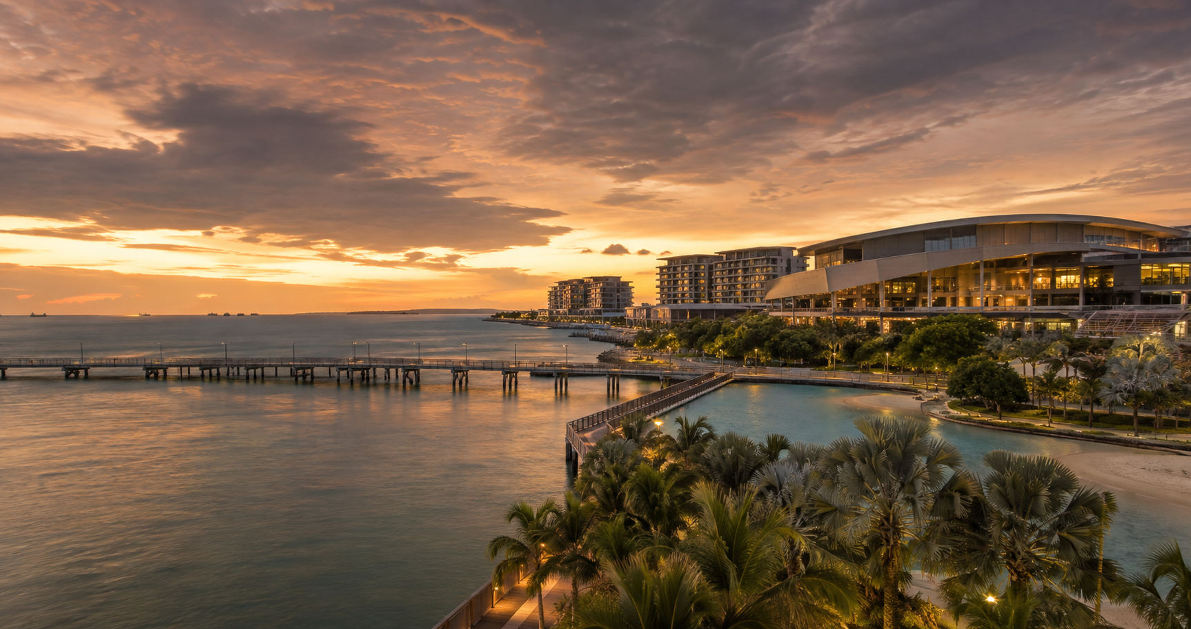 Darwin waterfront at sunset with the pier and lagoon